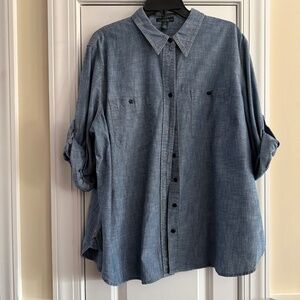 LRL Lauren Jeans Co. Chambray rolled up, long sleeve, button up shirt.  Size 2X